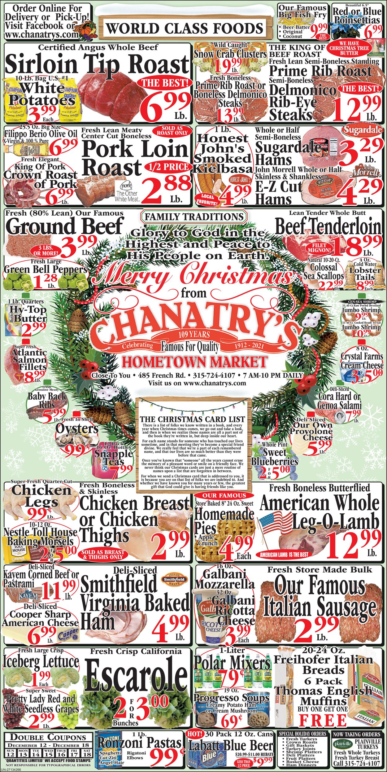 Chanatry's Hometown Market HOLIDAY 2021 Weekly Ad Circular - valid 12/12-12/18/2021