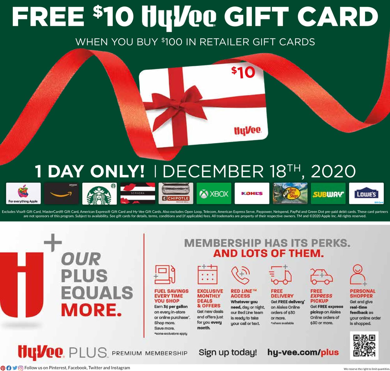 HyVee 1Day Gift Card Sale Ad Circular 12/18 12/18