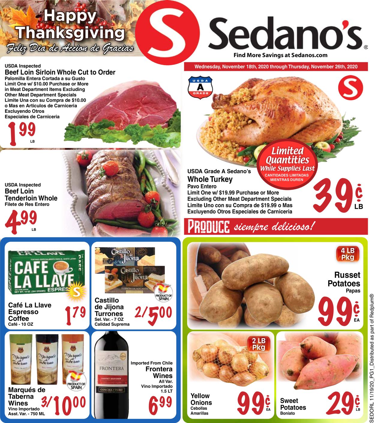 Sedano's Thanksgiving 2020 Weekly Ad Circular - valid 11/18-11/26/2020