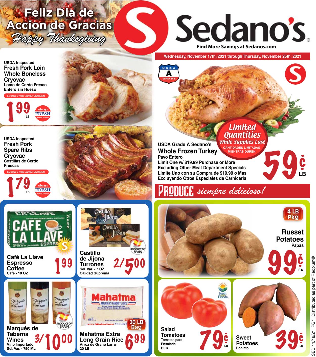 Sedano's THANKSGIVING 2021 Weekly Ad Circular - valid 11/17-11/25/2021